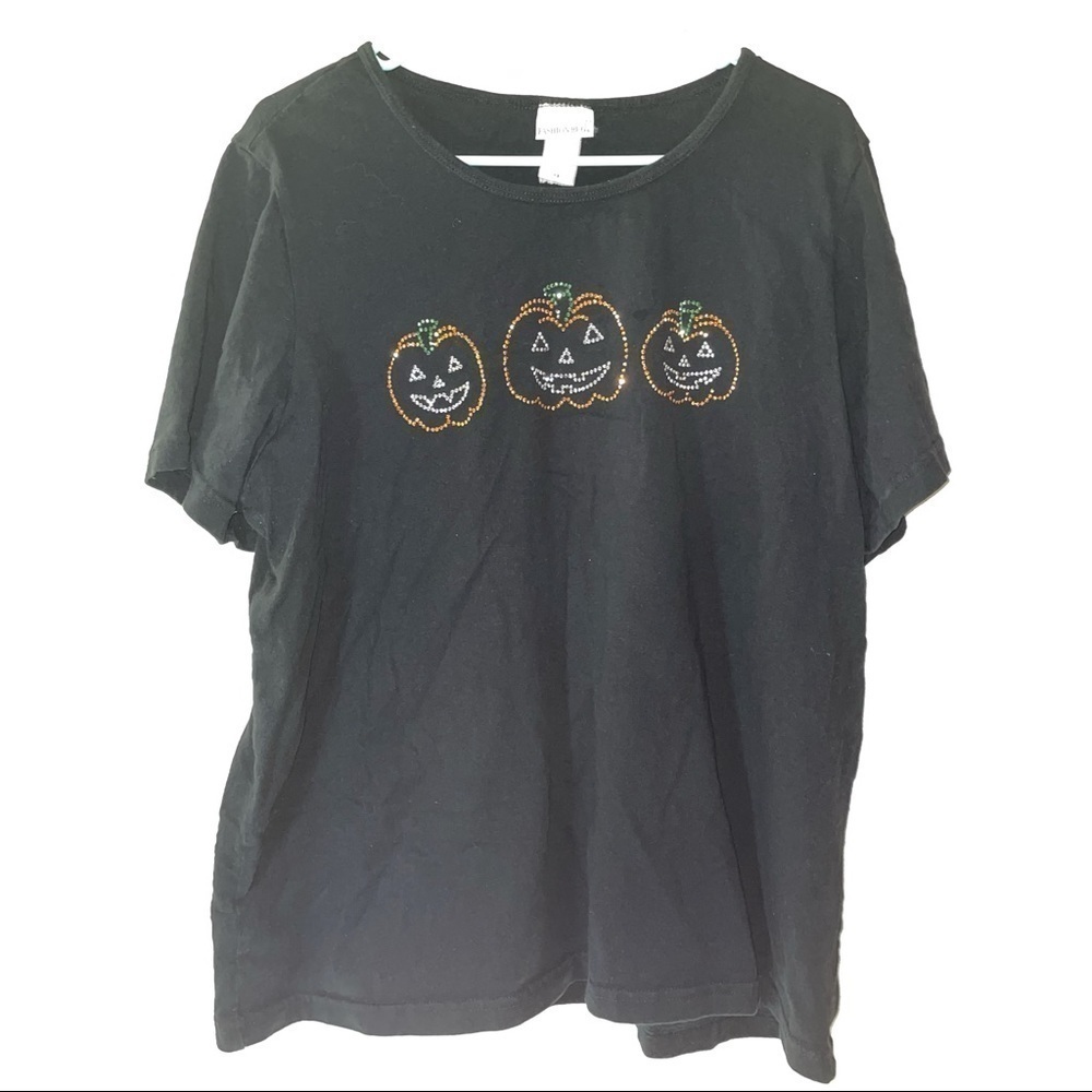 Fashion Bug Shirt Vintage Halloween Pumpkin Rhinestone Tee Short Sleeve Bling 1X